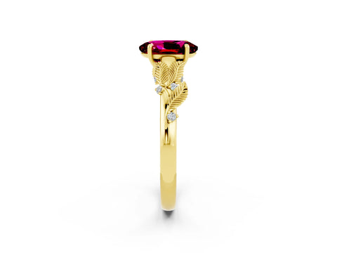 Yellow gold Oval Cut Garnet Solitaire Ring with Leaf Motif Band and Four-Prong Setting_2