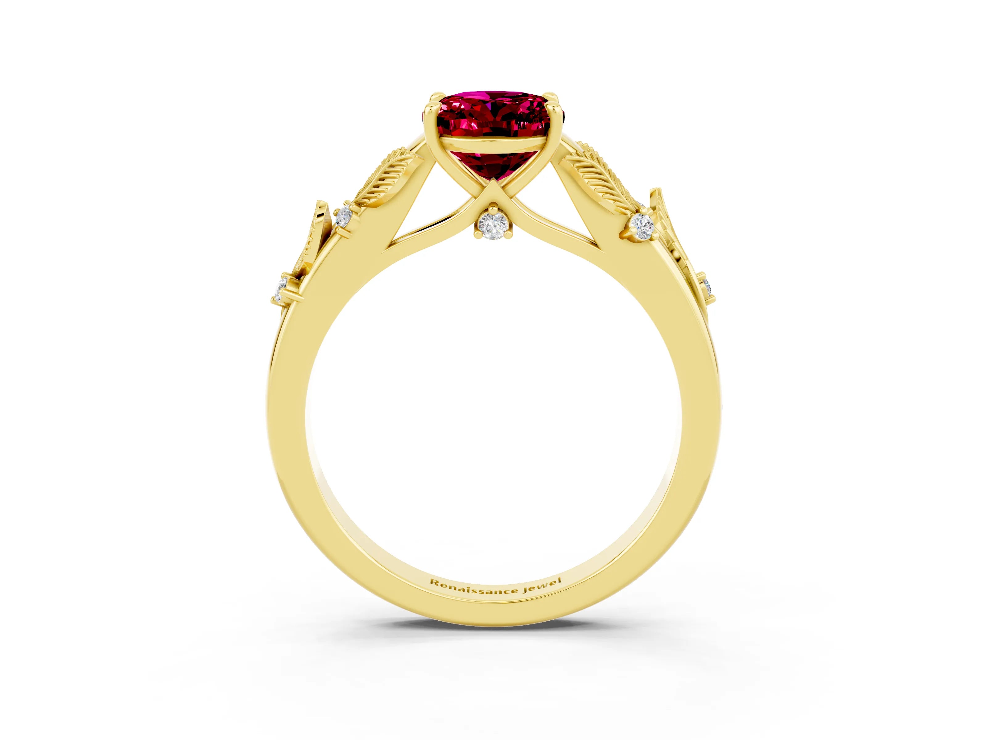 Yellow gold Oval Cut Garnet Solitaire Ring with Leaf Motif Band and Four-Prong Setting_3