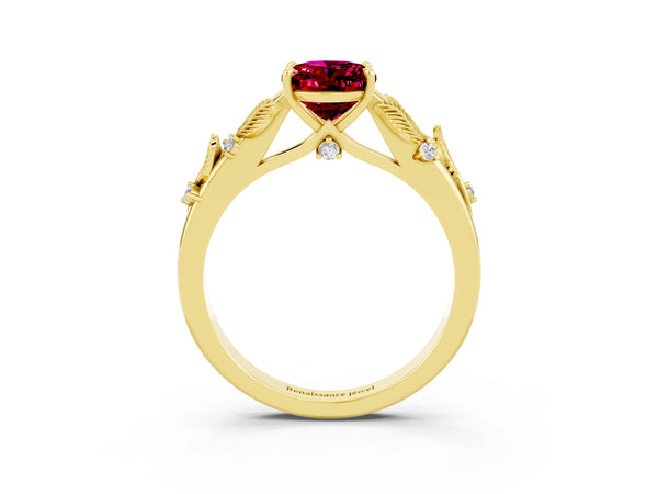 Yellow gold Oval Cut Garnet Solitaire Ring with Leaf Motif Band and Four-Prong Setting