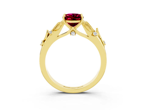 Yellow gold Oval Cut Garnet Solitaire Ring with Leaf Motif Band and Four-Prong Setting_3