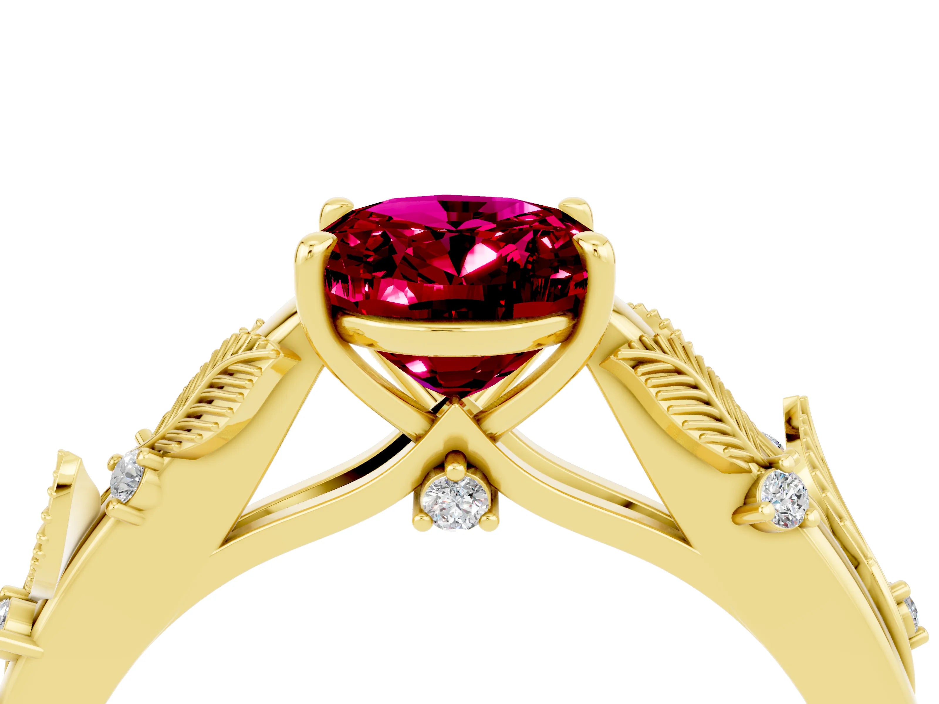 Yellow gold Oval Cut Garnet Solitaire Ring with Leaf Motif Band and Four-Prong Setting_4