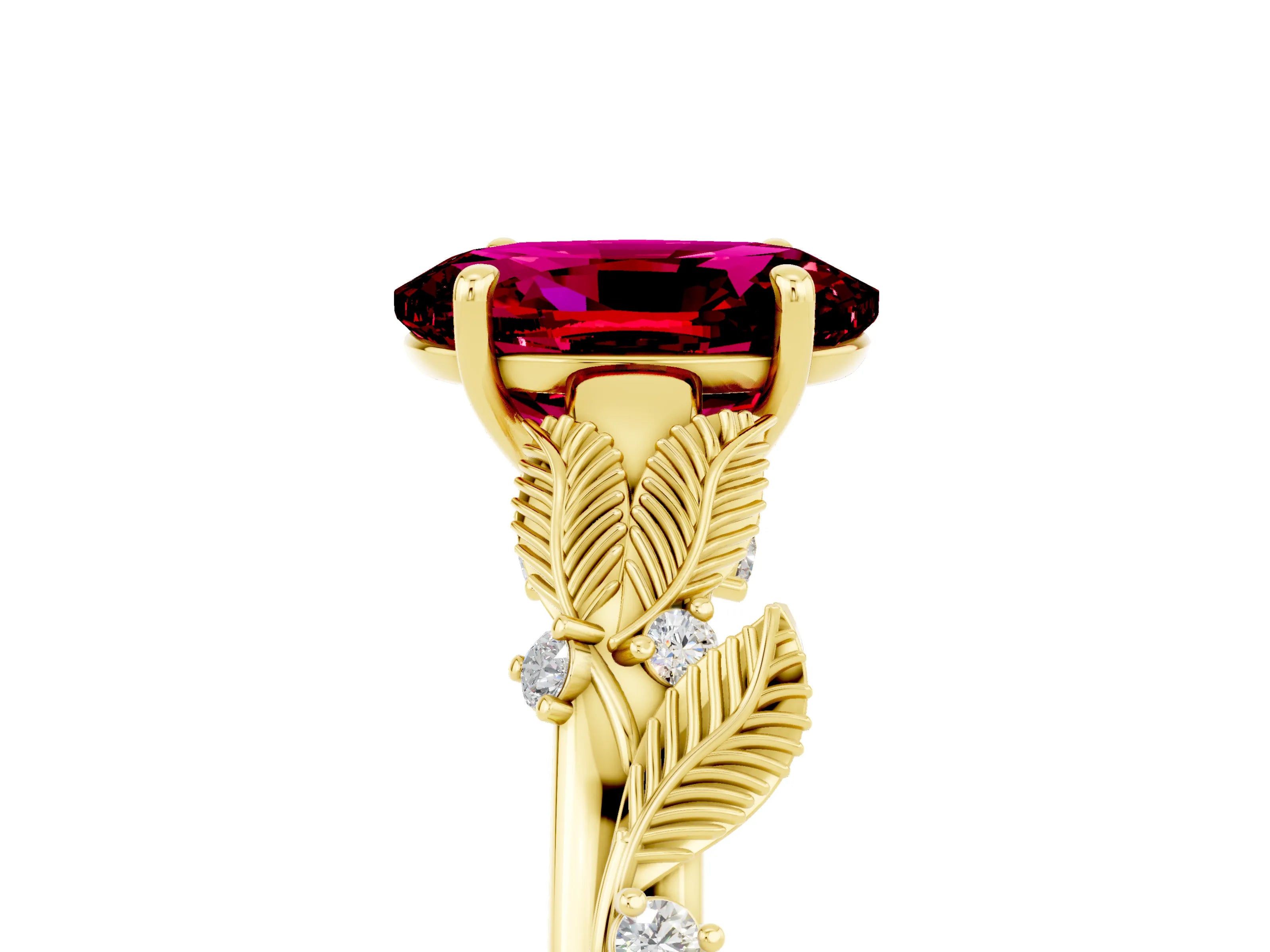 Yellow gold Oval Cut Garnet Solitaire Ring with Leaf Motif Band and Four-Prong Setting_5