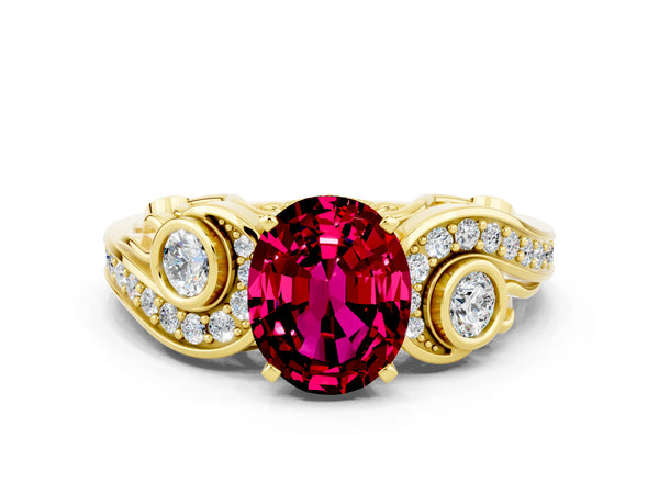 Yellow gold Oval Cut Garnet Solitaire Ring with Milgrain Pavé Band and Four-Prong Setting