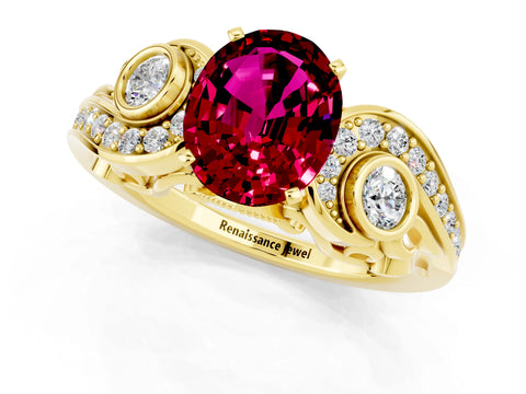 Yellow gold Oval Cut Garnet Solitaire Ring with Milgrain Pavé Band and Four-Prong Setting_25