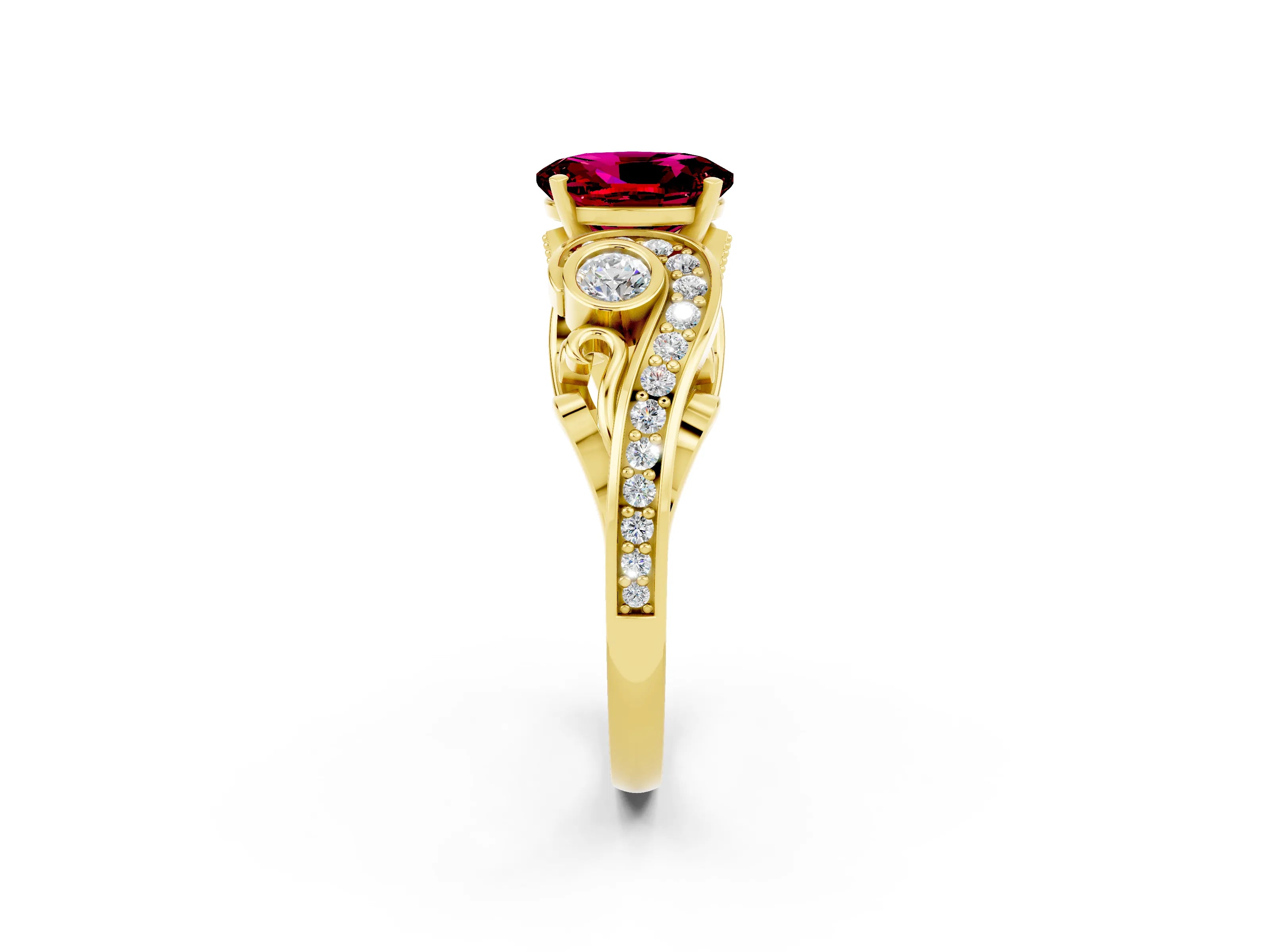 Yellow gold Oval Cut Garnet Solitaire Ring with Milgrain Pavé Band and Four-Prong Setting_26