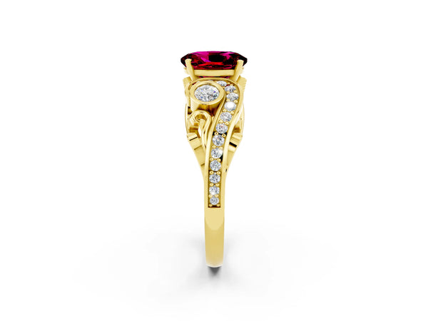 Yellow gold Oval Cut Garnet Solitaire Ring with Milgrain Pavé Band and Four-Prong Setting