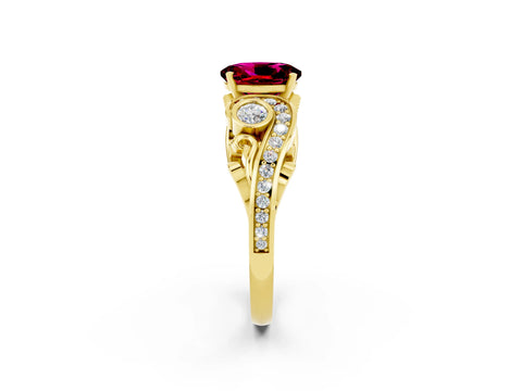 Yellow gold Oval Cut Garnet Solitaire Ring with Milgrain Pavé Band and Four-Prong Setting_26
