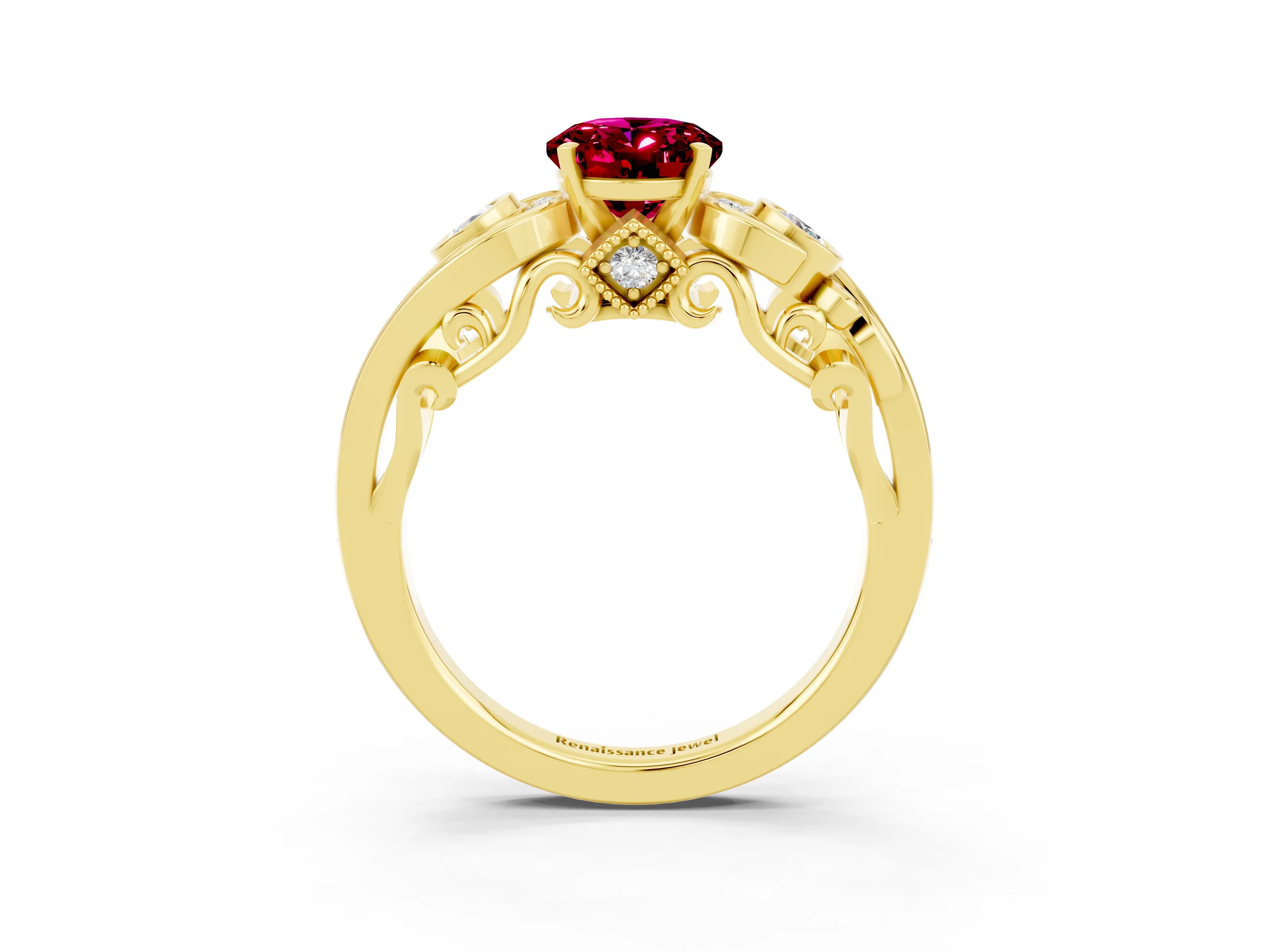 Yellow gold Oval Cut Garnet Solitaire Ring with Milgrain Pavé Band and Four-Prong Setting_27