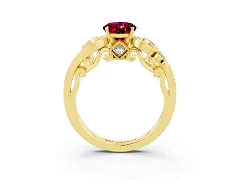 Yellow gold Oval Cut Garnet Solitaire Ring with Milgrain Pavé Band and Four-Prong Setting_27