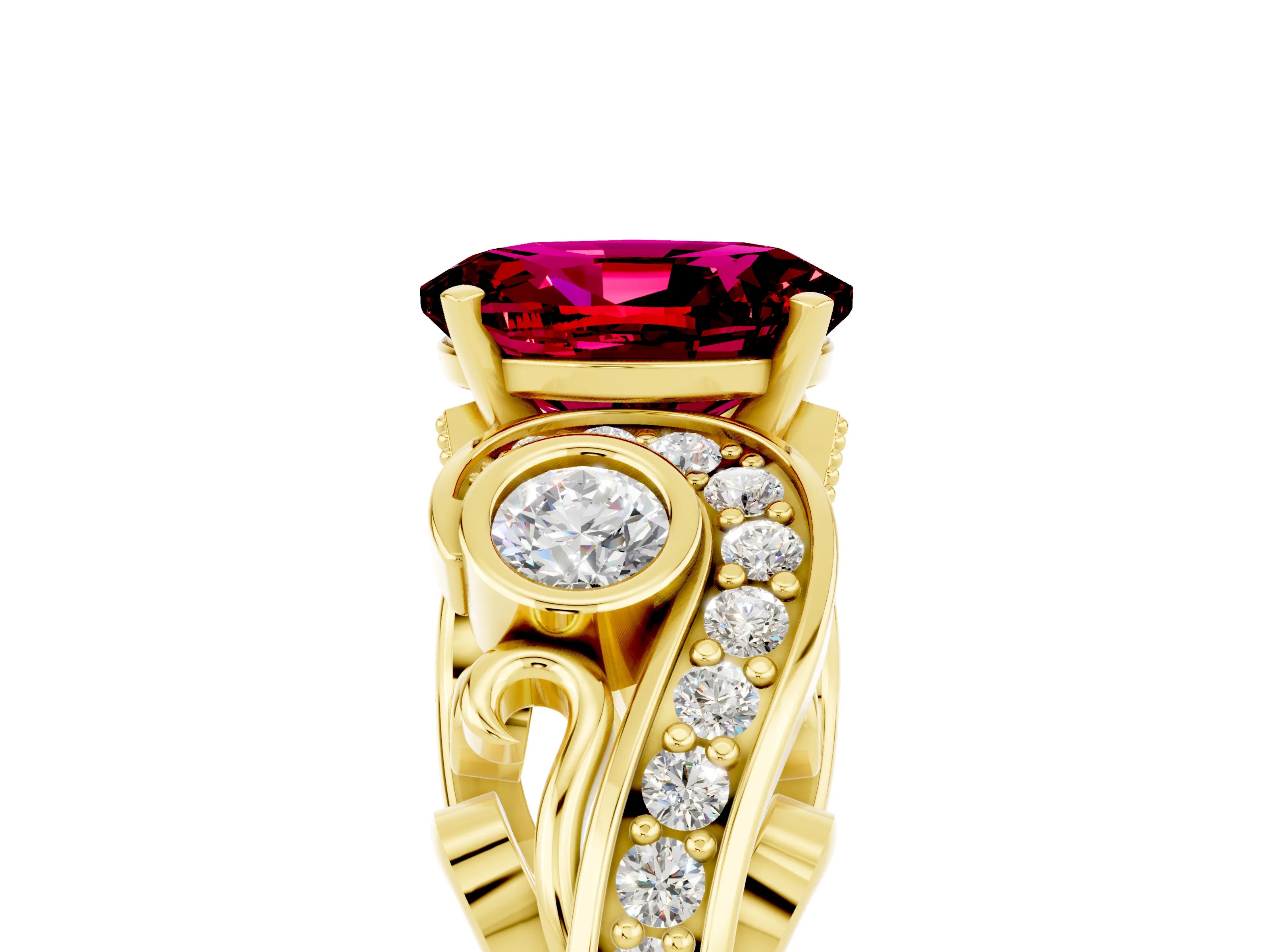 Yellow gold Oval Cut Garnet Solitaire Ring with Milgrain Pavé Band and Four-Prong Setting_29