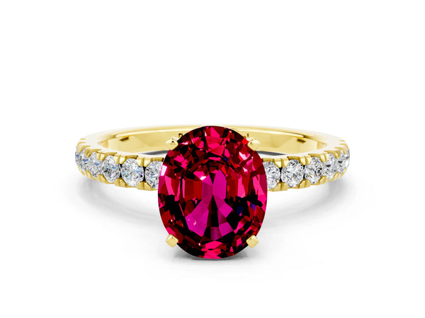Yellow gold Oval Cut Garnet Solitaire Ring with Pavé Accents and Four-Prong Setting