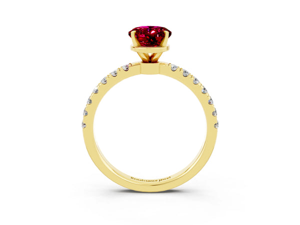 Yellow gold Oval Cut Garnet Solitaire Ring with Pavé Accents and Four-Prong Setting