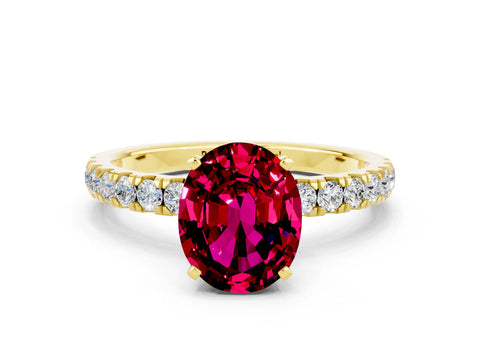 Yellow gold Oval Cut Garnet Solitaire Ring with Pavé Accents and Four-Prong Setting
