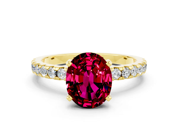 Yellow gold Oval Cut Garnet Solitaire Ring with Round  Pavé Band and Four-Prong Setting