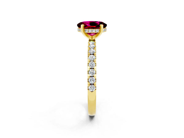 Yellow gold Oval Cut Garnet Solitaire Ring with Round  Pavé Band and Four-Prong Setting