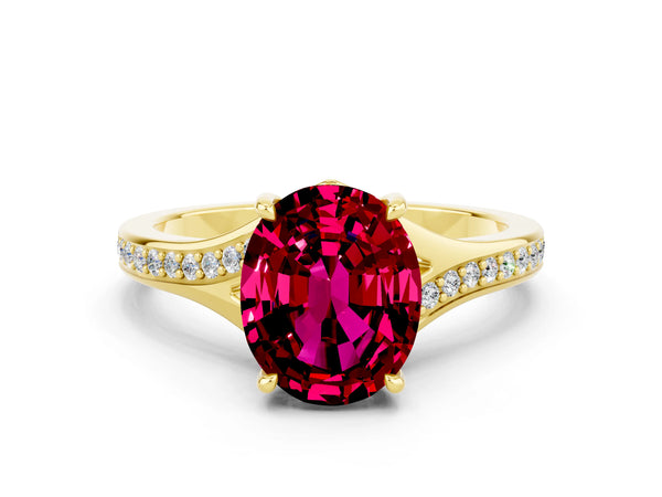 Yellow gold Oval Cut Garnet Solitaire Ring with Pavé Band and Prong Setting