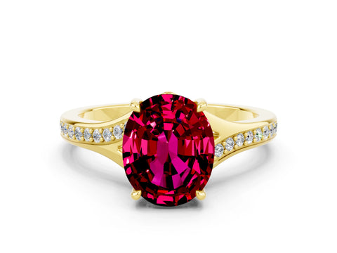 Yellow gold Oval Cut Garnet Solitaire Ring with Pavé Band and Prong Setting_12