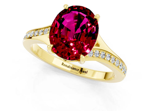 Yellow gold Oval Cut Garnet Solitaire Ring with Pavé Band and Prong Setting_13