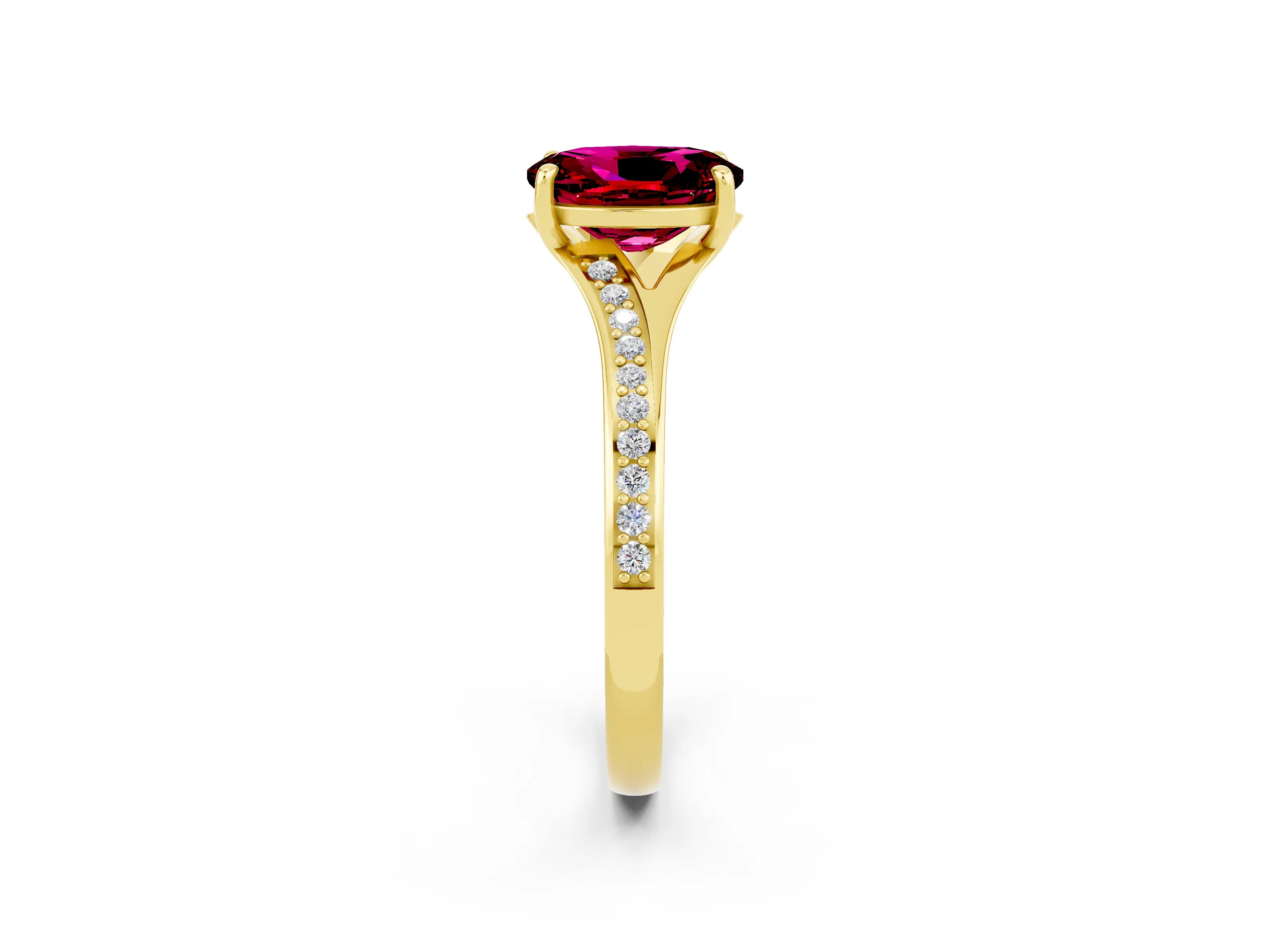 Yellow gold Oval Cut Garnet Solitaire Ring with Pavé Band and Prong Setting_14