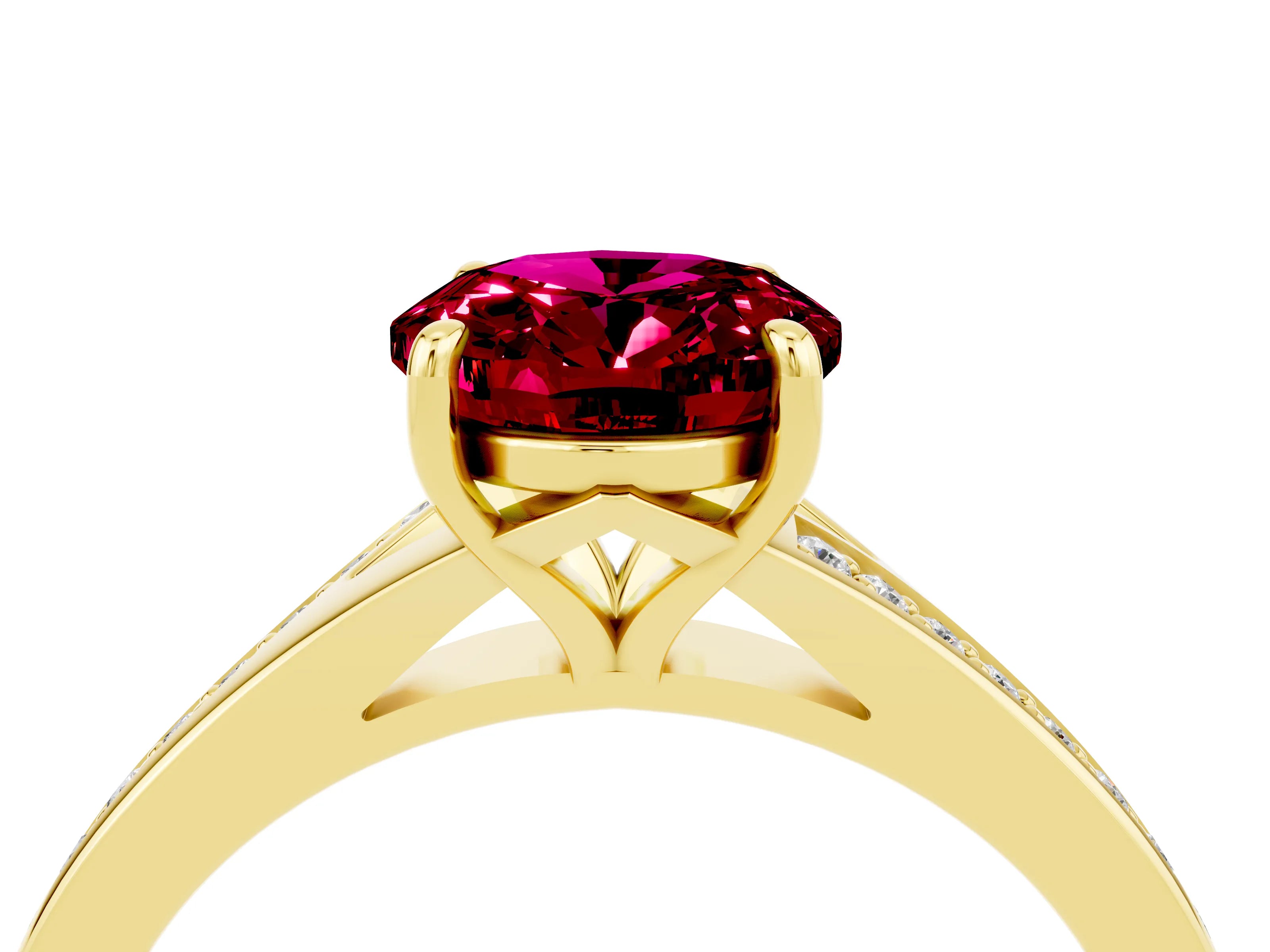 Yellow gold Oval Cut Garnet Solitaire Ring with Pavé Band and Prong Setting_16
