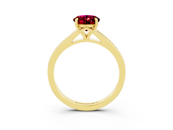 Yellow gold Oval Cut Garnet Solitaire Ring with Pavé Band and Prong Setting