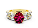 Yellow gold Oval Cut Garnet Solitaire Ring with Pavé and Channel Set Band