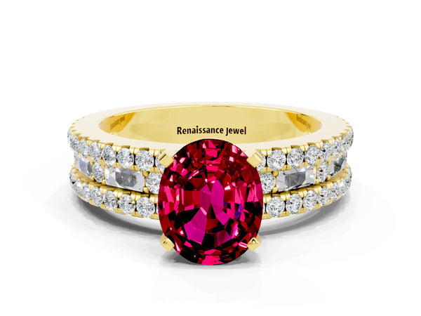 Yellow gold Oval Cut Garnet Solitaire Ring with Pavé and Channel Set Band