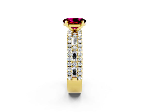 Yellow gold Oval Cut Garnet Solitaire Ring with Pavé and Channel Set Band