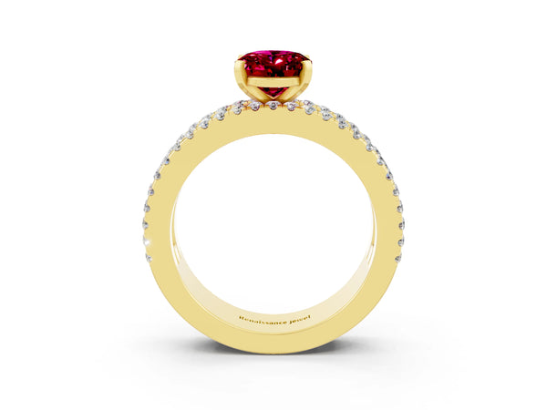 Yellow gold Oval Cut Garnet Solitaire Ring with Pavé and Channel Set Band