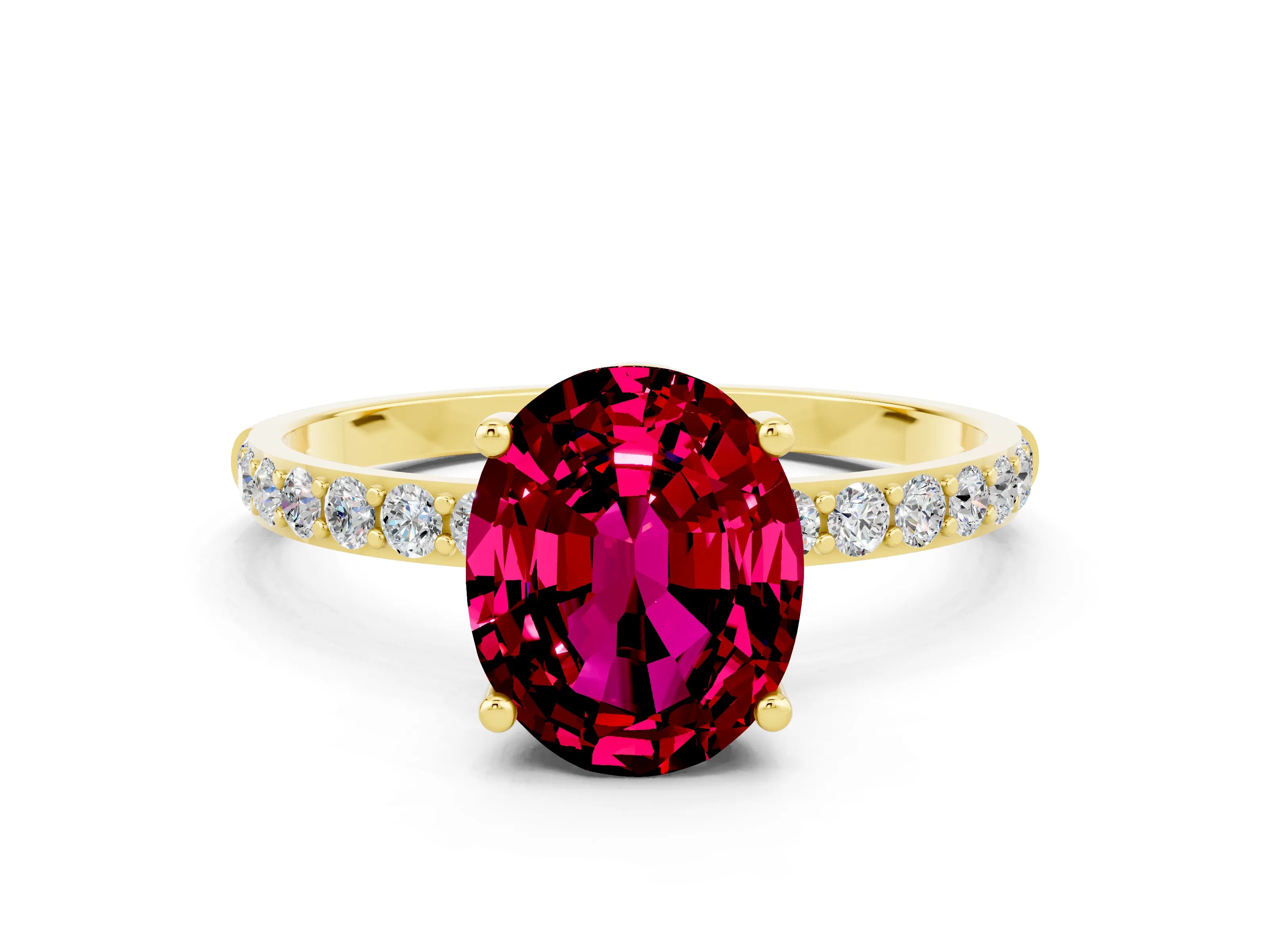 Yellow gold Oval Cut Garnet Solitaire Ring with Pave Band and Four Prong Setting_24