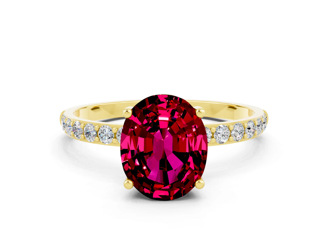Yellow gold Oval Cut Garnet Solitaire Ring with Pave Band and Four Prong Setting_24