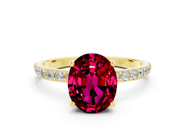 Yellow gold Oval Cut Garnet Solitaire Ring with Round  Pavé Band and Prong Setting