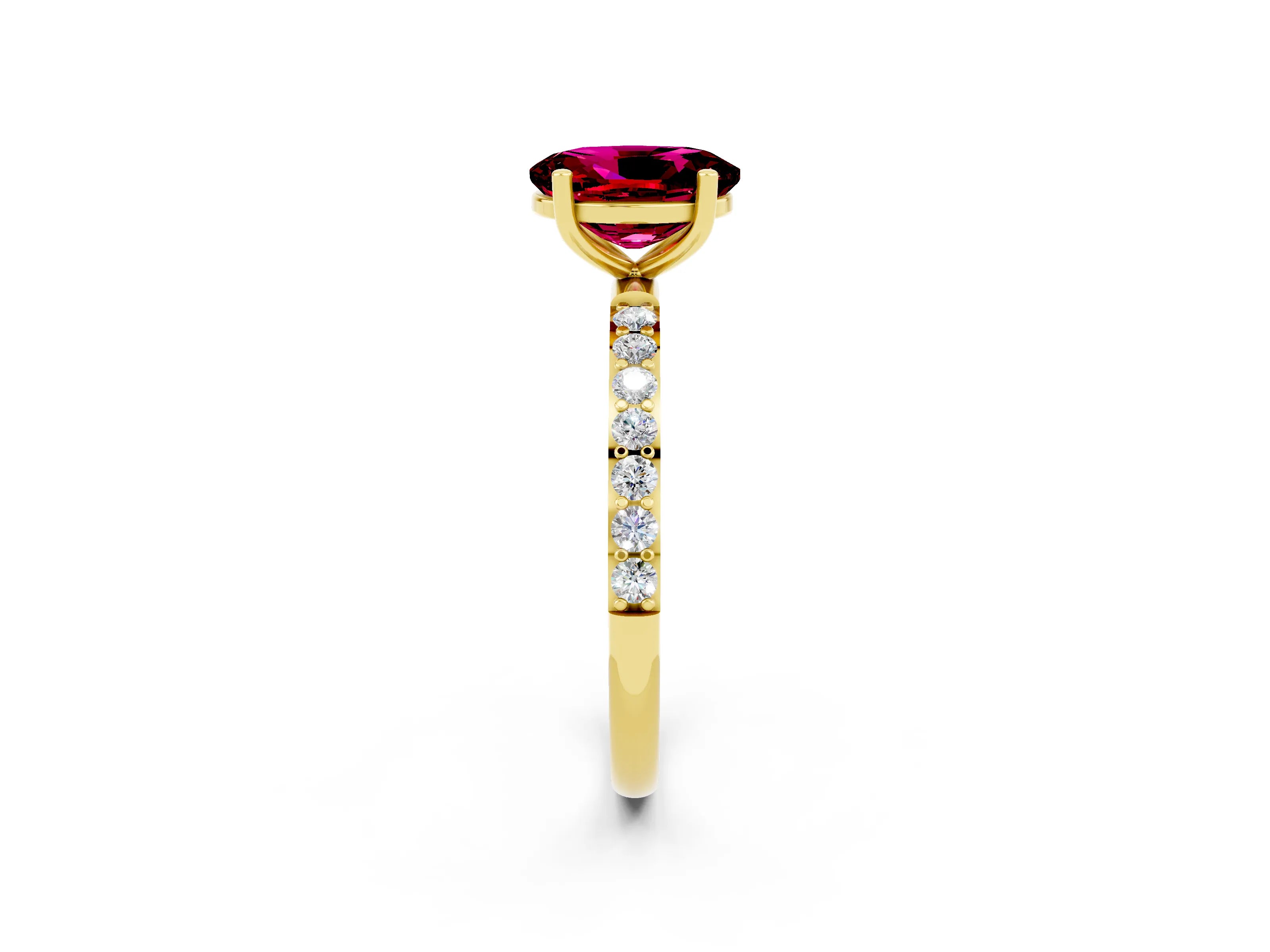 Yellow gold Oval Cut Garnet Solitaire Ring with Pave Band and Four Prong Setting_26