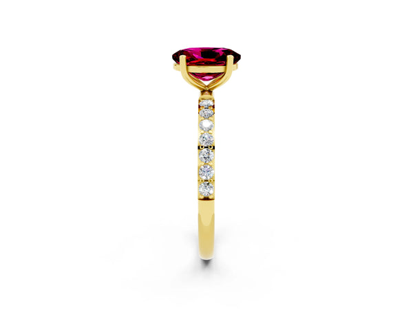Yellow gold Oval Cut Garnet Solitaire Ring with Round  Pavé Band and Prong Setting