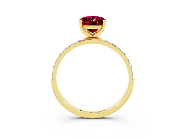 Yellow gold Oval Cut Garnet Solitaire Ring with Round  Pavé Band and Prong Setting