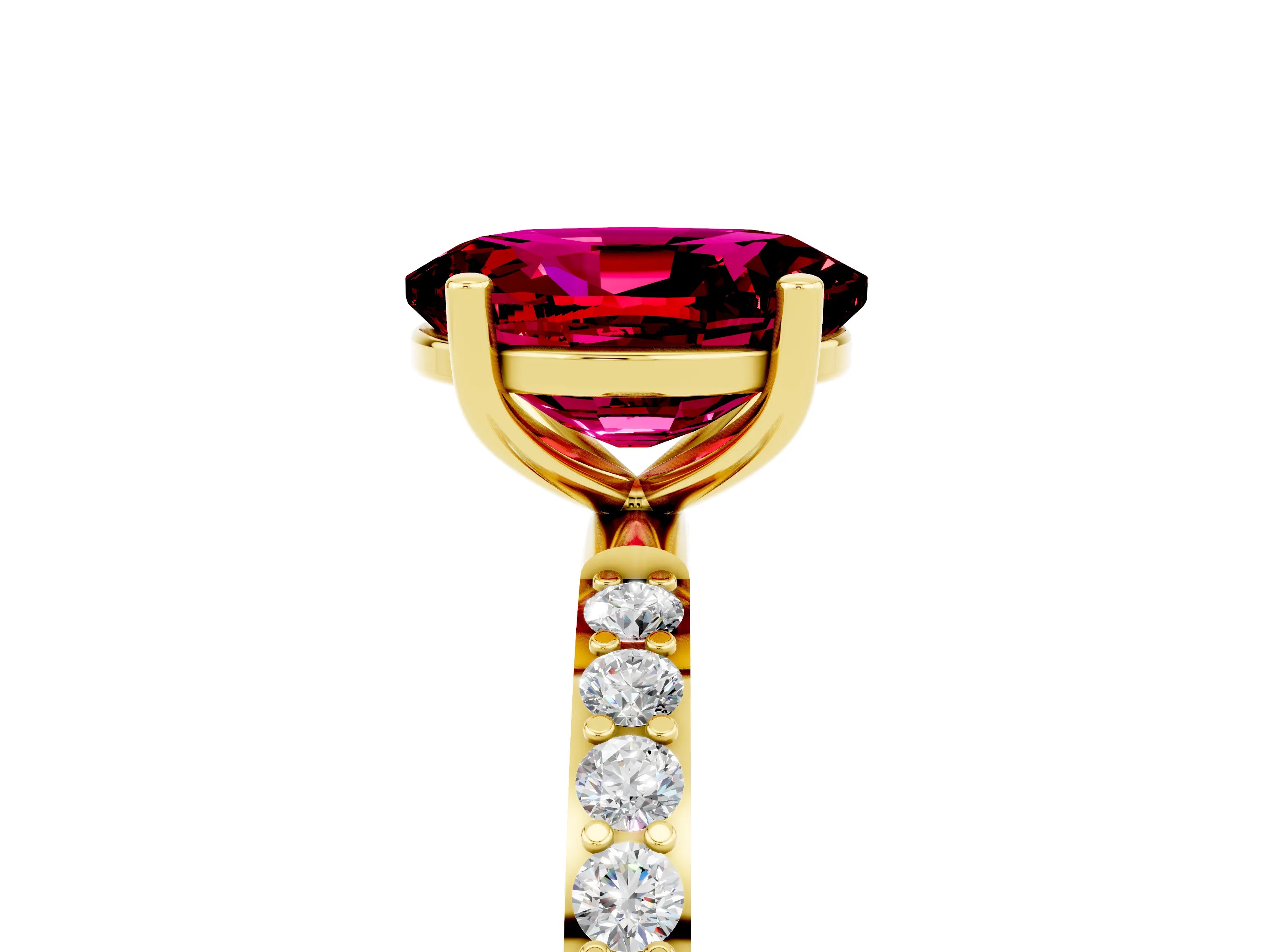 Yellow gold Oval Cut Garnet Solitaire Ring with Pave Band and Four Prong Setting_29