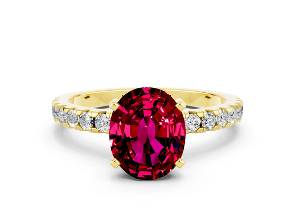 Yellow gold Oval Cut Garnet Solitaire Ring with Round Pavé Band and Four-Prong Setting