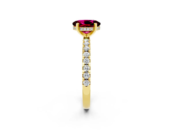 Yellow gold Oval Cut Garnet Solitaire Ring with Round Pavé Band and Four-Prong Setting