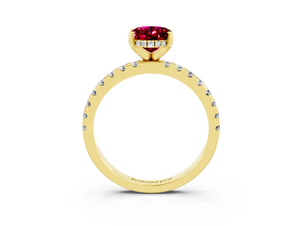 Yellow gold Oval Cut Garnet Solitaire Ring with Round Pavé Band and Four-Prong Setting