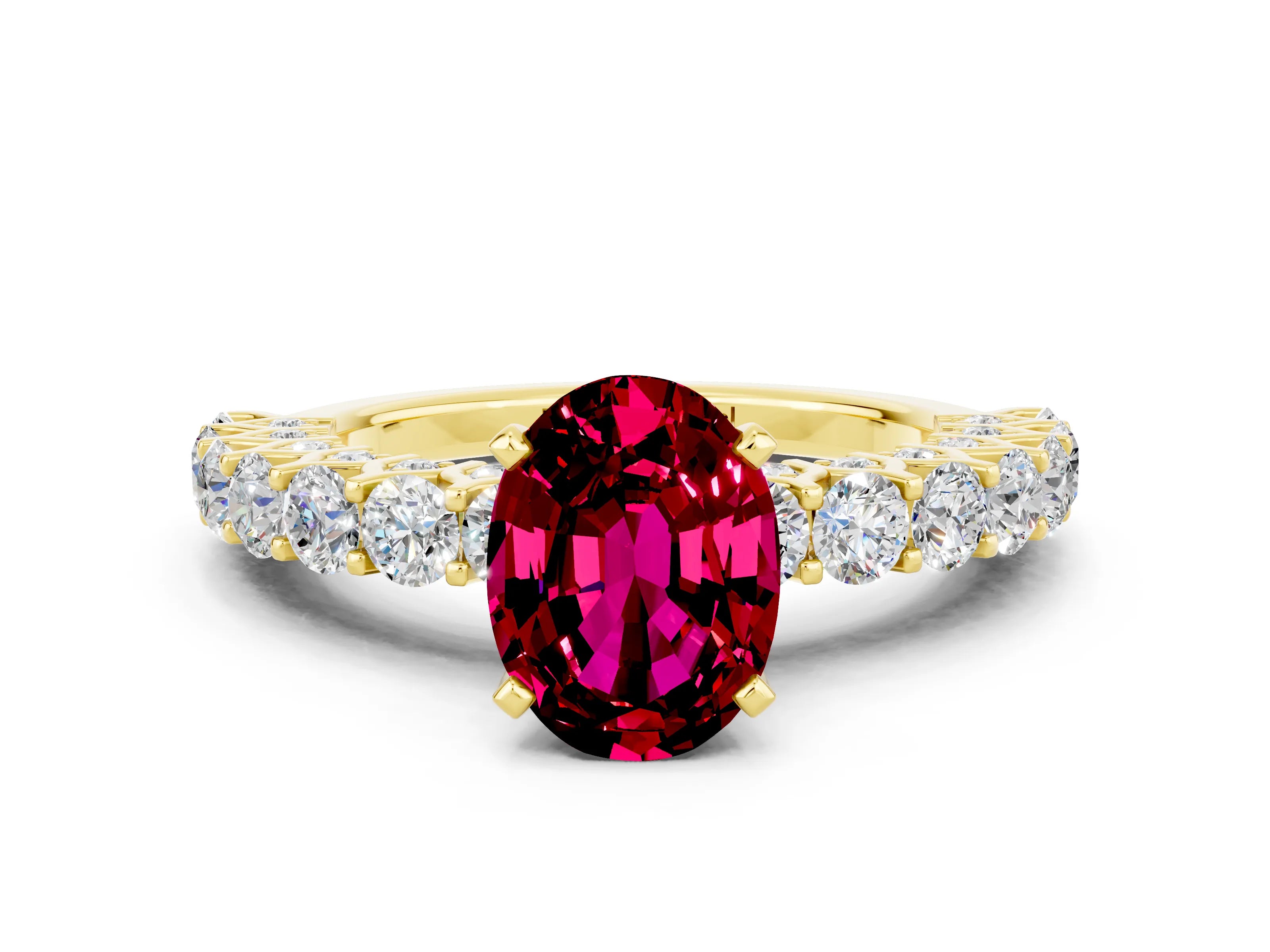 Yellow gold Oval Cut Garnet Solitaire Ring with Shared Prong Pavé Band and Four-Prong Setting