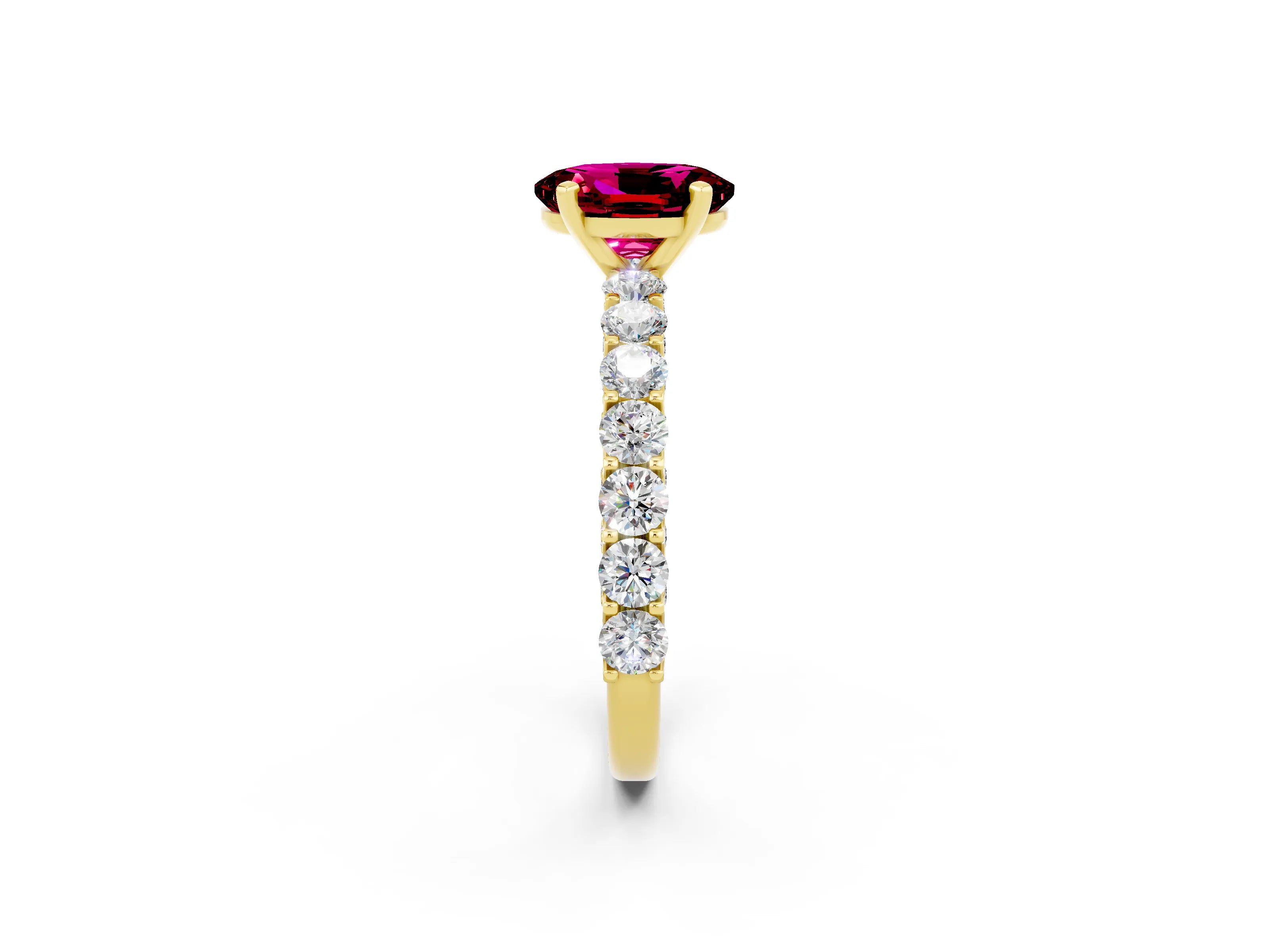 Yellow gold Oval Cut Garnet Solitaire Ring with Shared Prong Pavé Band and Four-Prong Setting_2