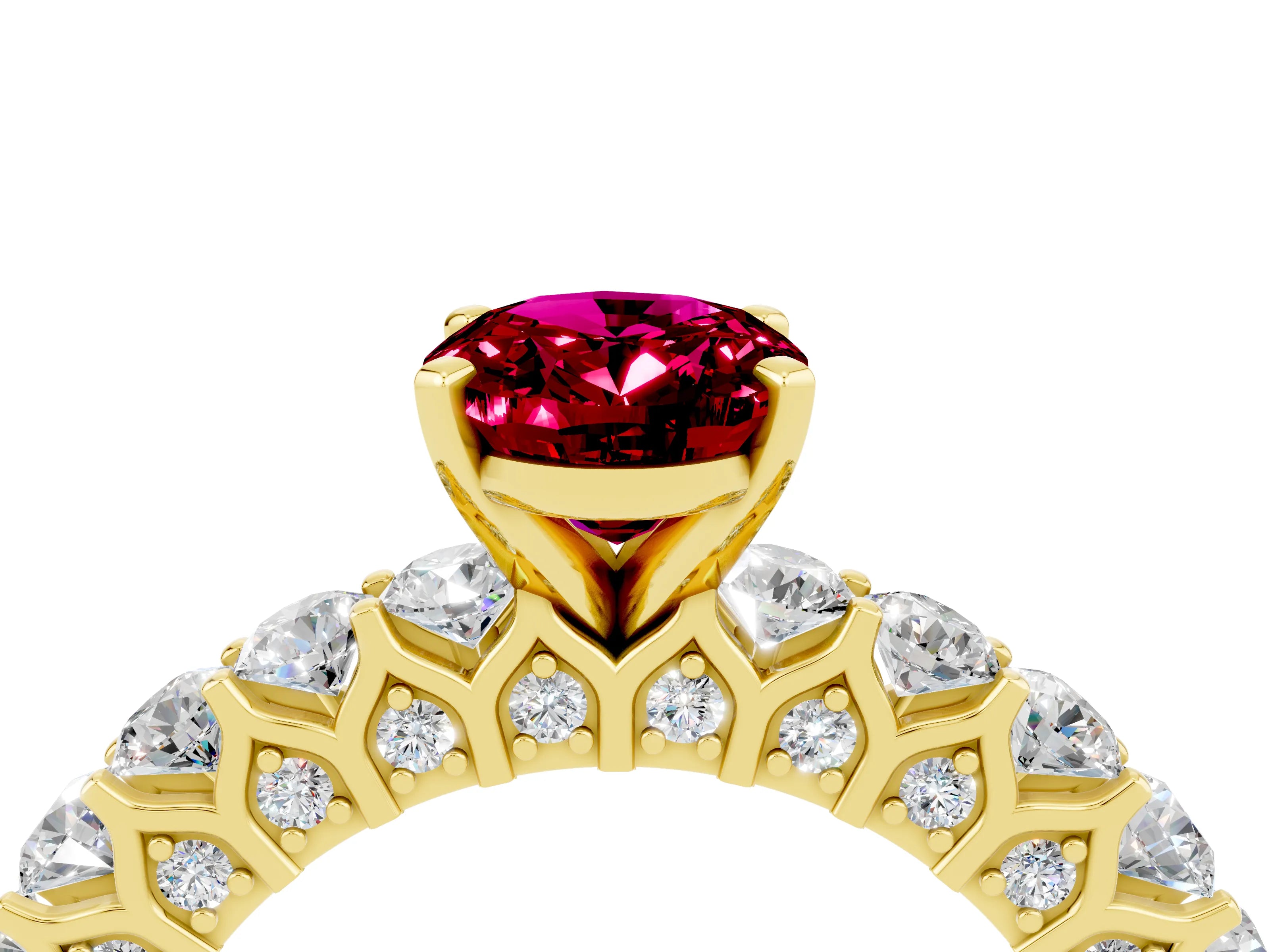Yellow gold Oval Cut Garnet Solitaire Ring with Shared Prong Pavé Band and Four-Prong Setting_4