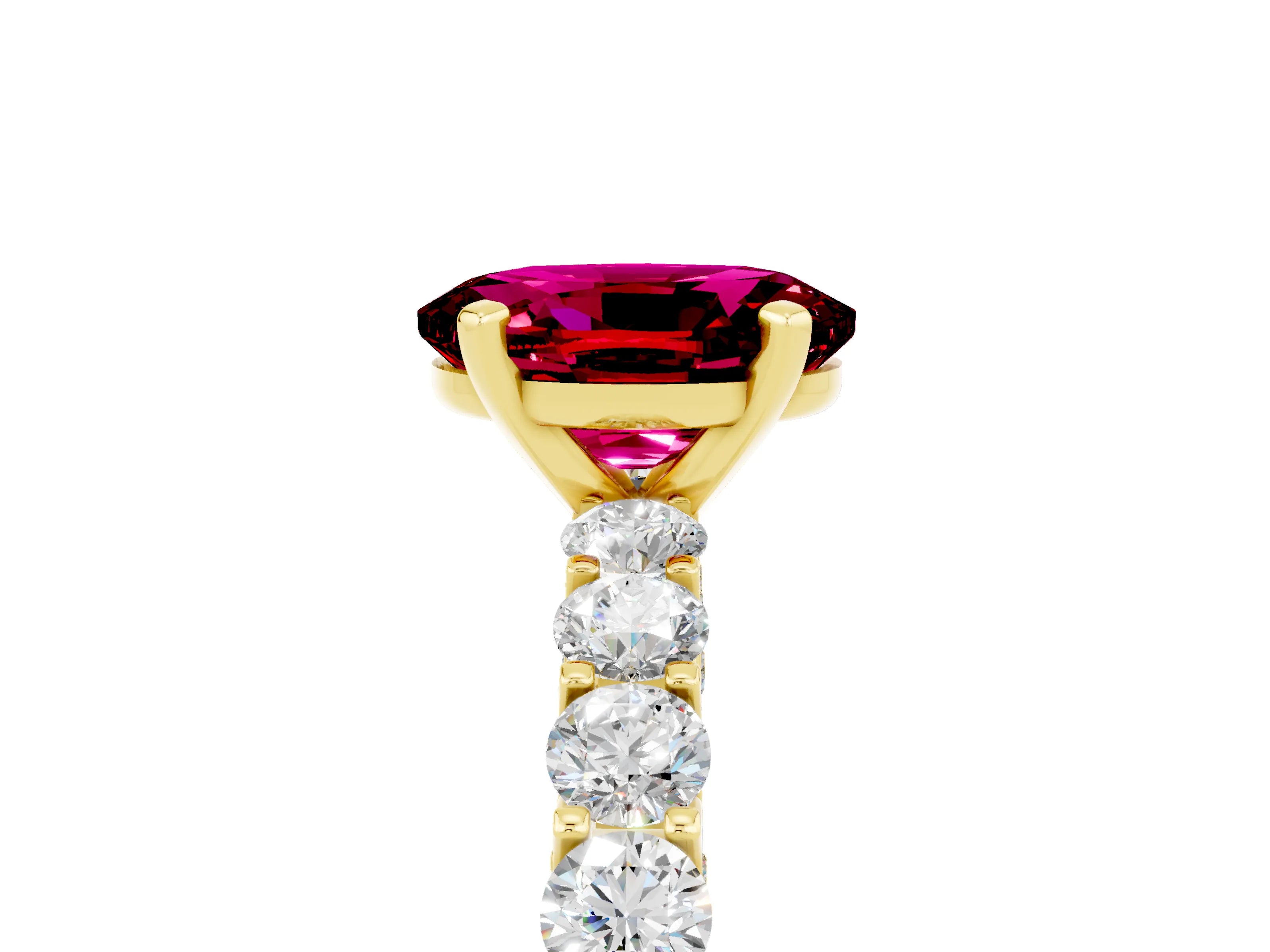 Yellow gold Oval Cut Garnet Solitaire Ring with Shared Prong Pavé Band and Four-Prong Setting_5