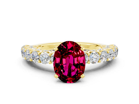 Yellow gold Oval Cut Garnet Solitaire Ring with Shared Prong Pavé Band and Four-Prong Setting