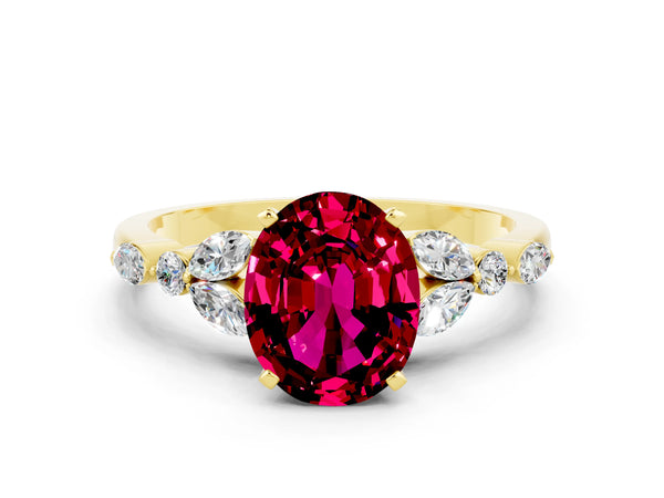 Yellow gold Oval Cut Garnet Solitaire Ring with Side Stones and Four-Prong Setting