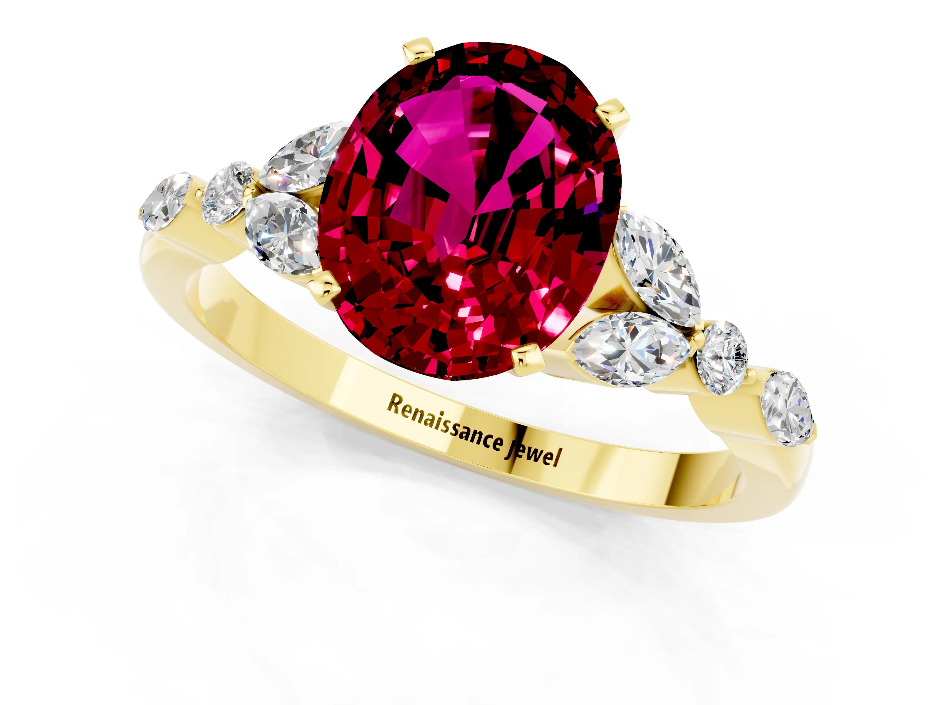 Yellow gold Oval Cut Garnet Solitaire Ring with Side Stones and Four-Prong Setting_13