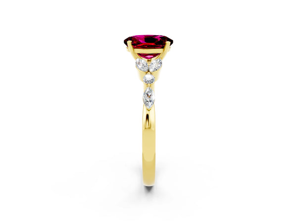 Yellow gold Oval Cut Garnet Solitaire Ring with Side Stones and Four-Prong Setting