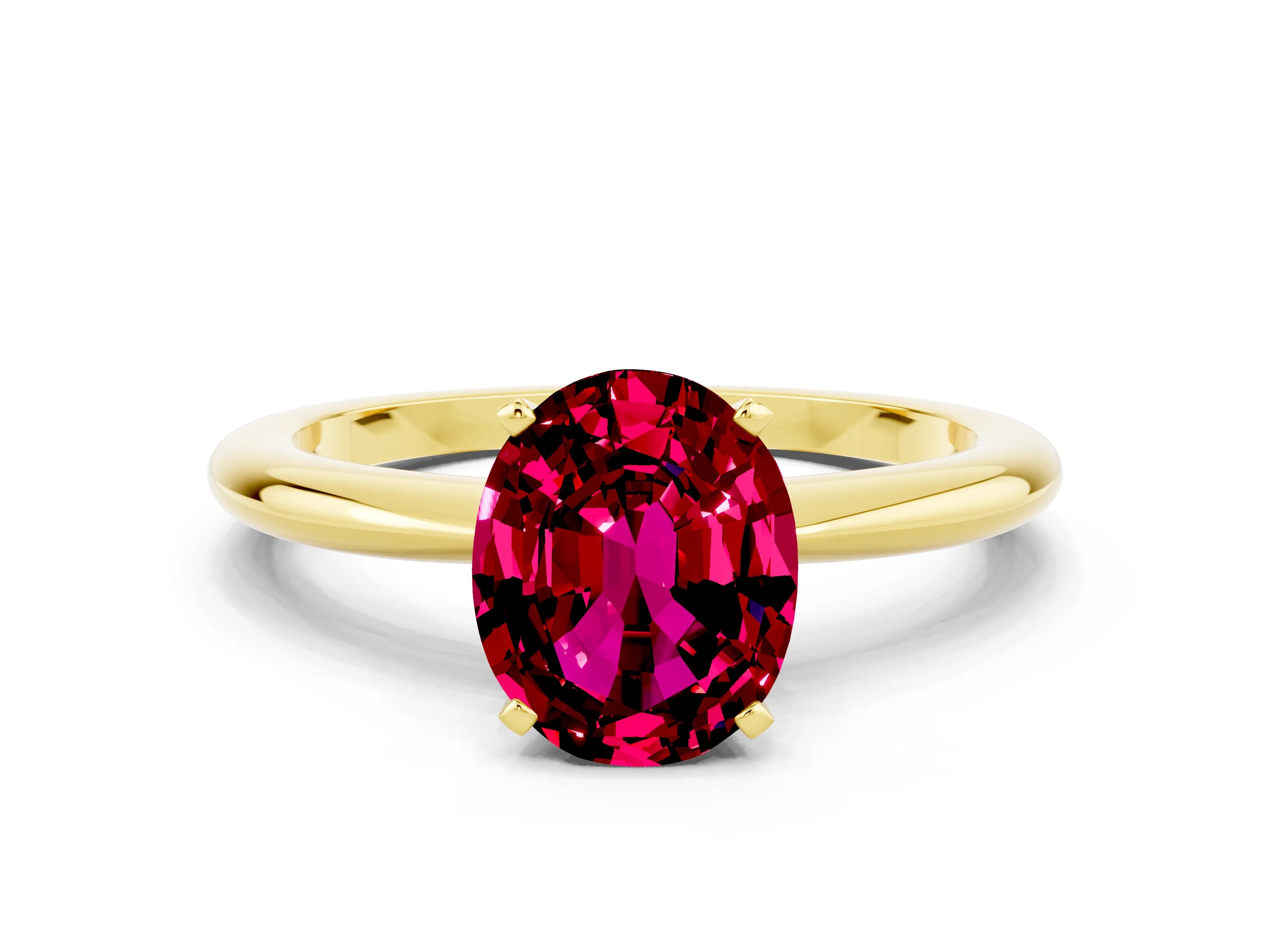 Yellow gold Oval Cut Garnet Solitaire Ring with Six-Prong Setting and Classic Band