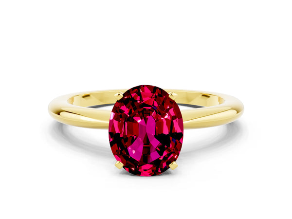 Yellow gold Oval Cut Garnet Solitaire Ring with Six-Prong Setting and Classic Band