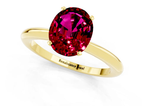 Yellow gold Oval Cut Garnet Solitaire Ring with Six-Prong Setting and Classic Band_1